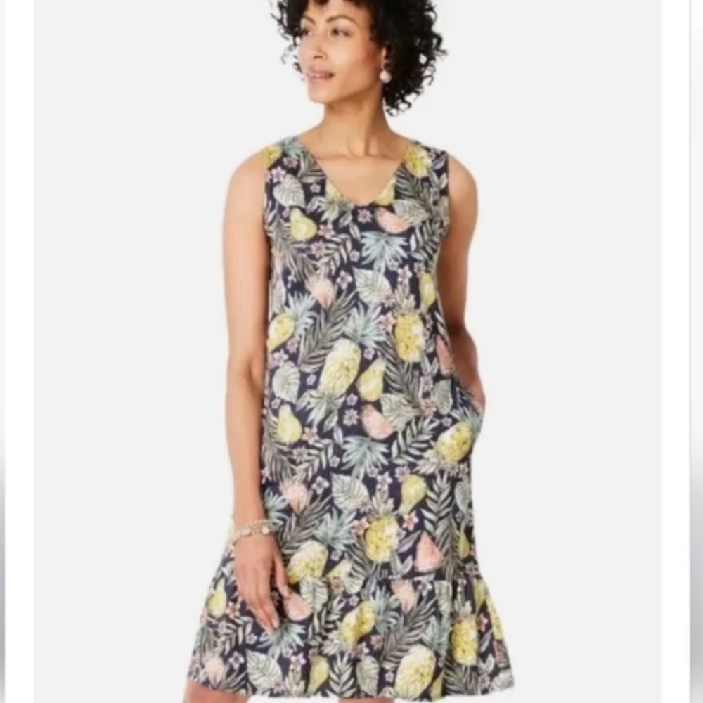 J. Jill Flounced Hem Double V-Neck Knit Summer Mini Dress in Fruit Pattern